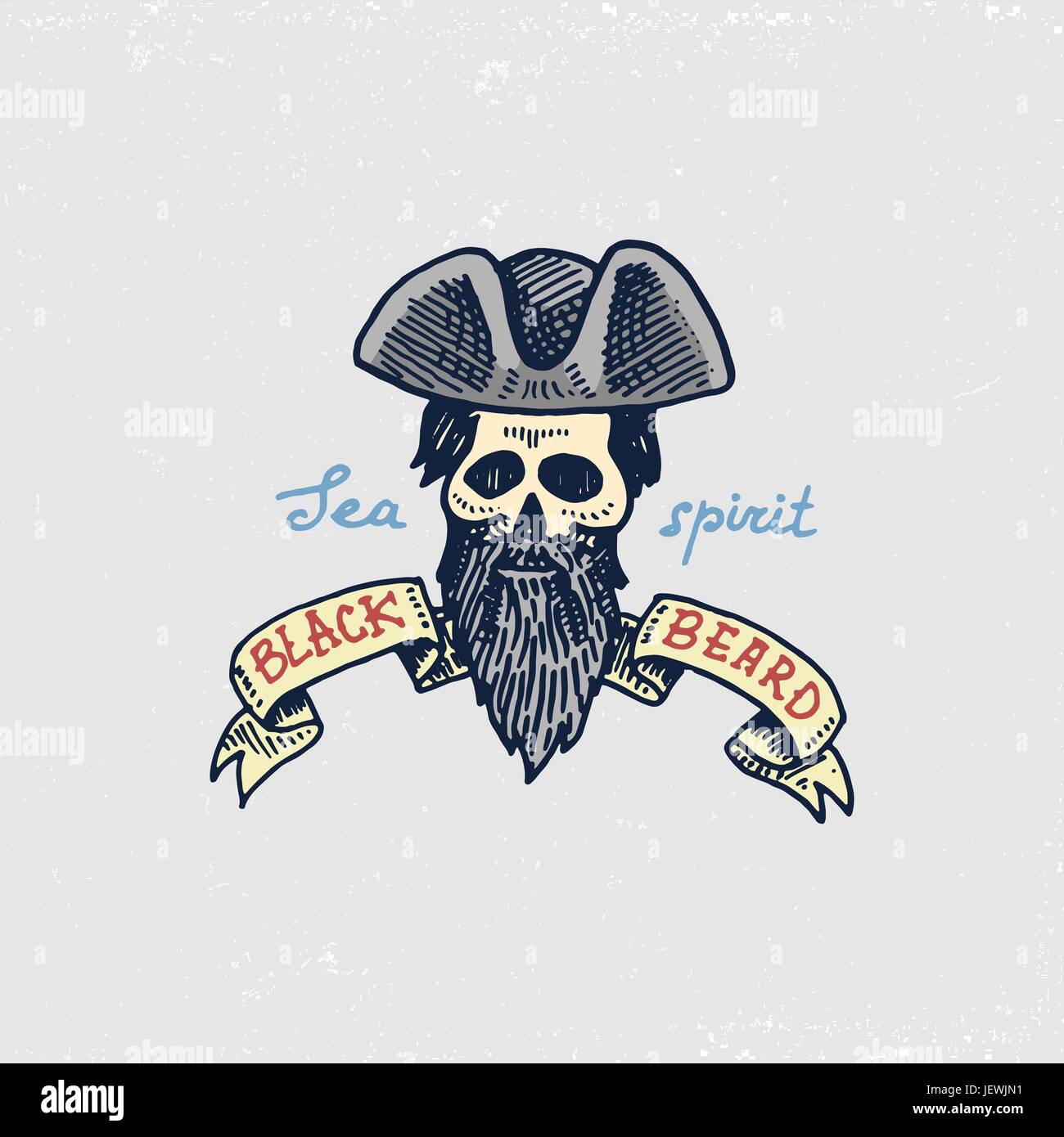 set of engraved, hand drawn, old, labels or badges for corsairs, skull, black beard. Pirates marine and nautical or sea, ocean emblem. Stock Vector