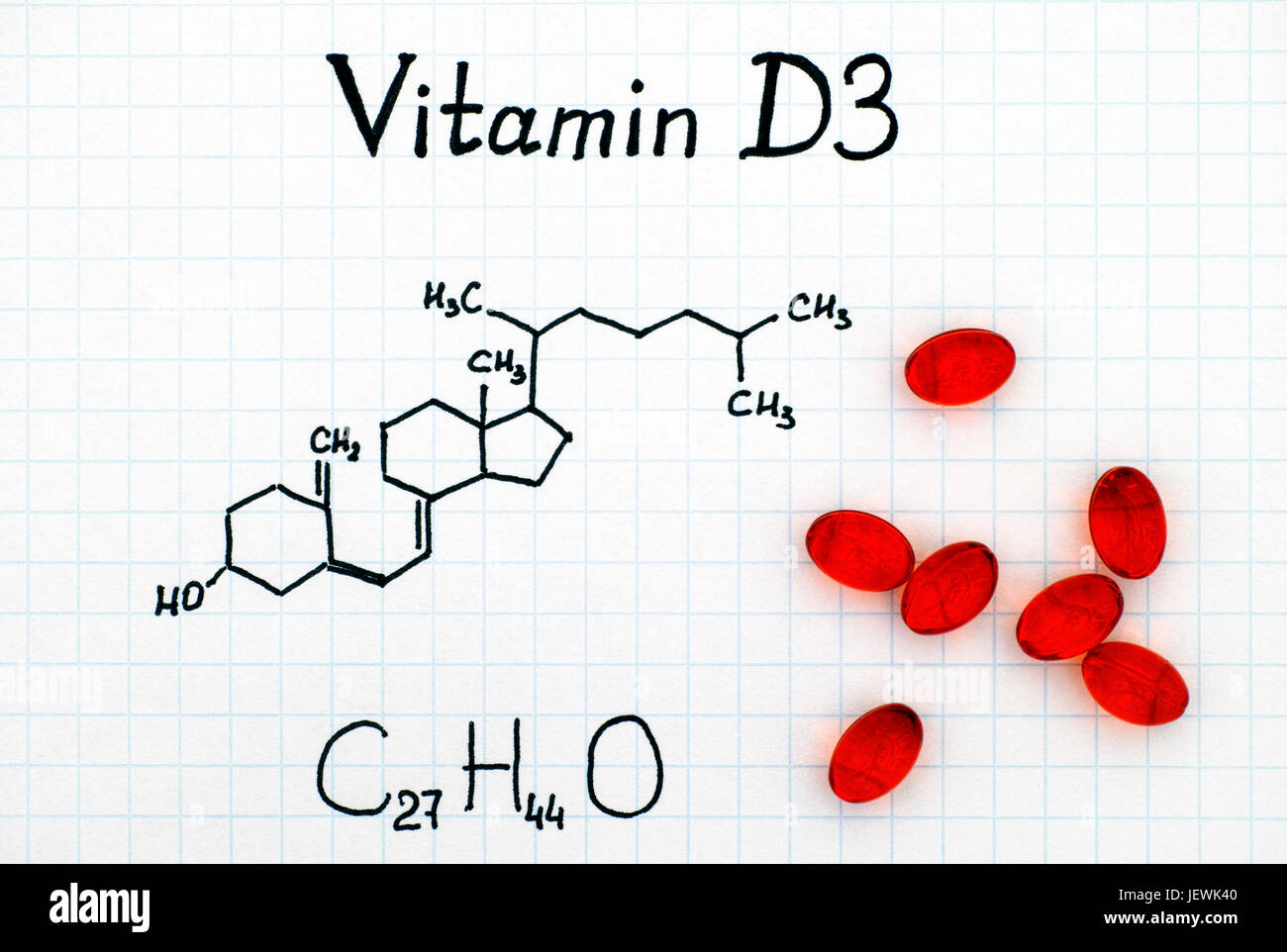Chemical formula of Vitamin D3 and red pills Stock Photo Alamy
