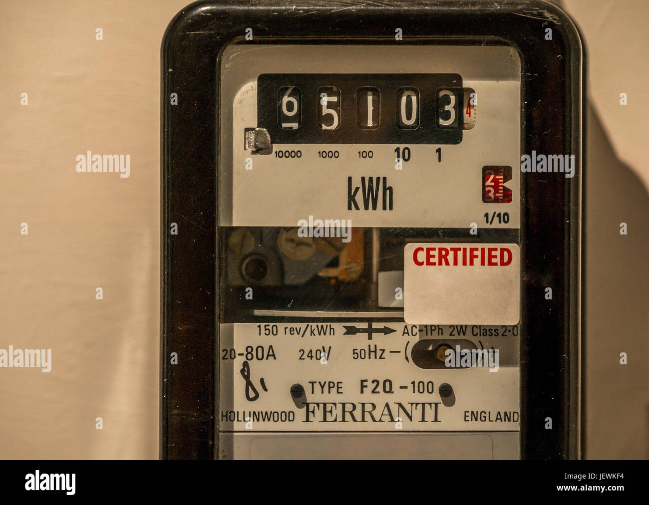 Close up of old British Ferranti F2Q-100 model electricity meter, Scotland, UK Stock Photo