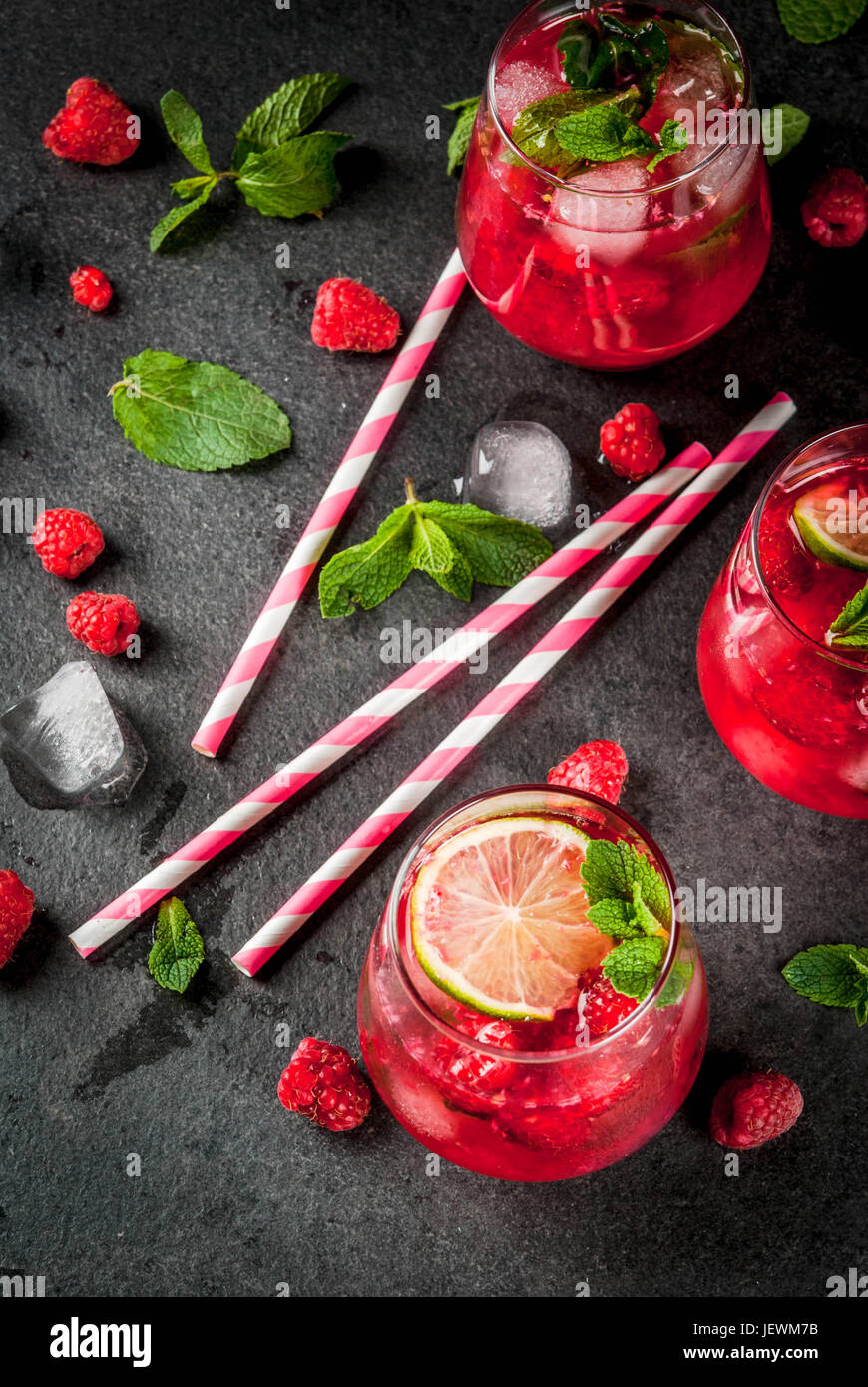 Summer refreshing nonalcoholic cocktails. Fruit drinks. Raspberry