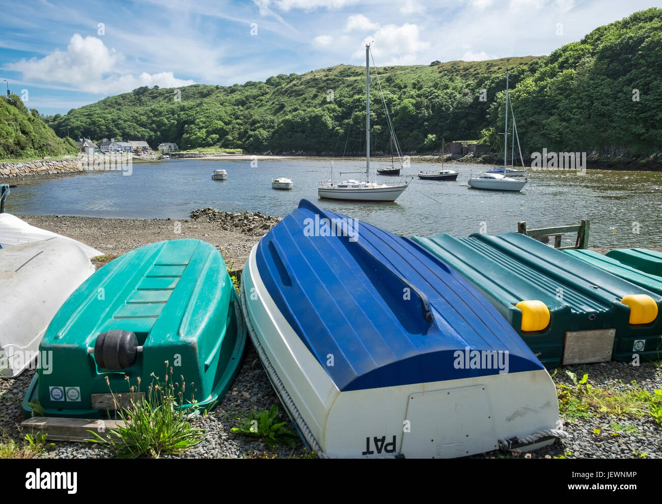 Dinghy boats in popular Solva (Solfach) village harbour, St Brides Bay, Pembrokeshire Coast National Park, Wales, UK Stock Photo