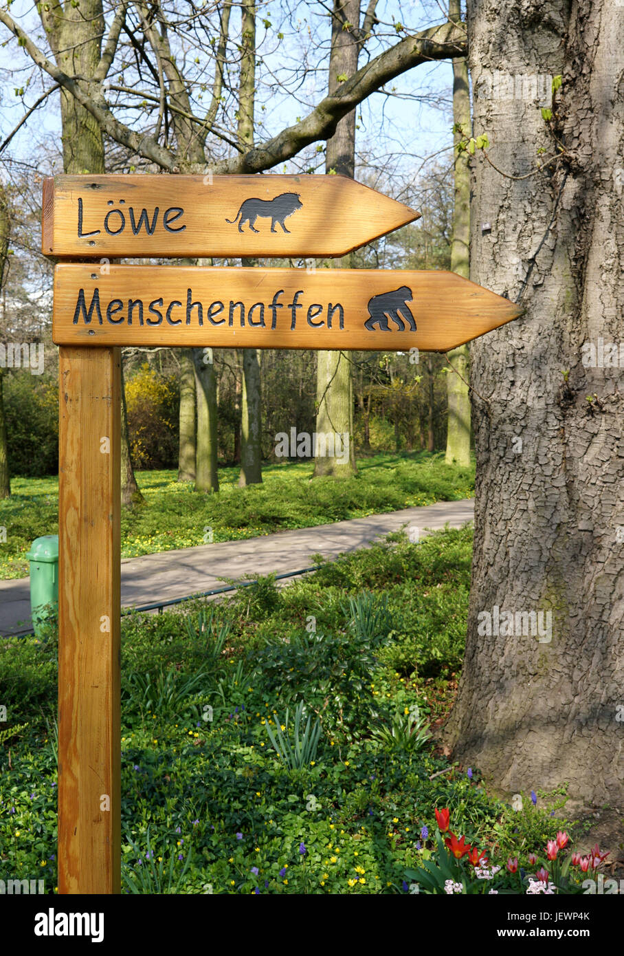 Wooden signpost in a zoo Stock Photo