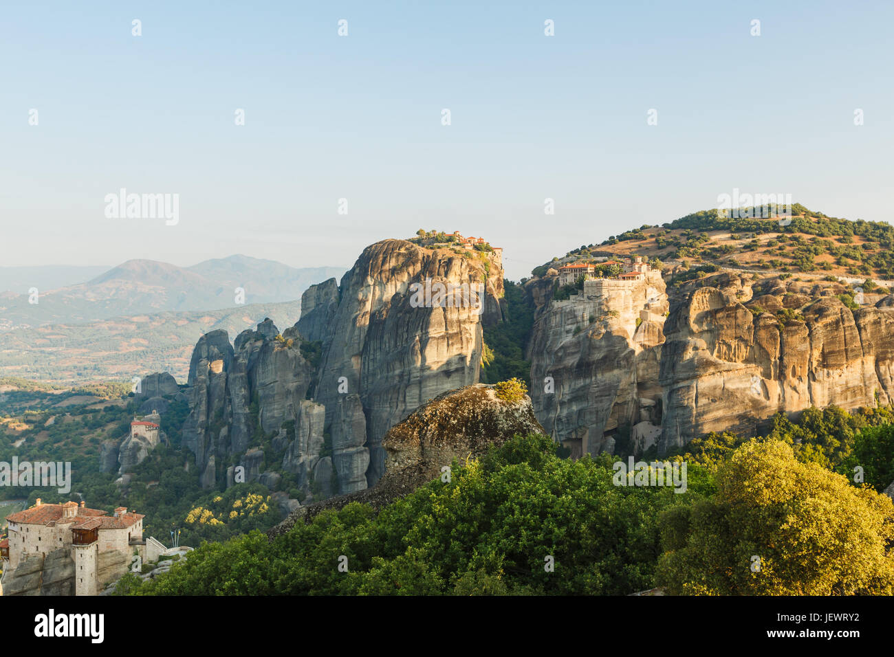 Morning landscape of meteora with monasteries on top of the mountain ...