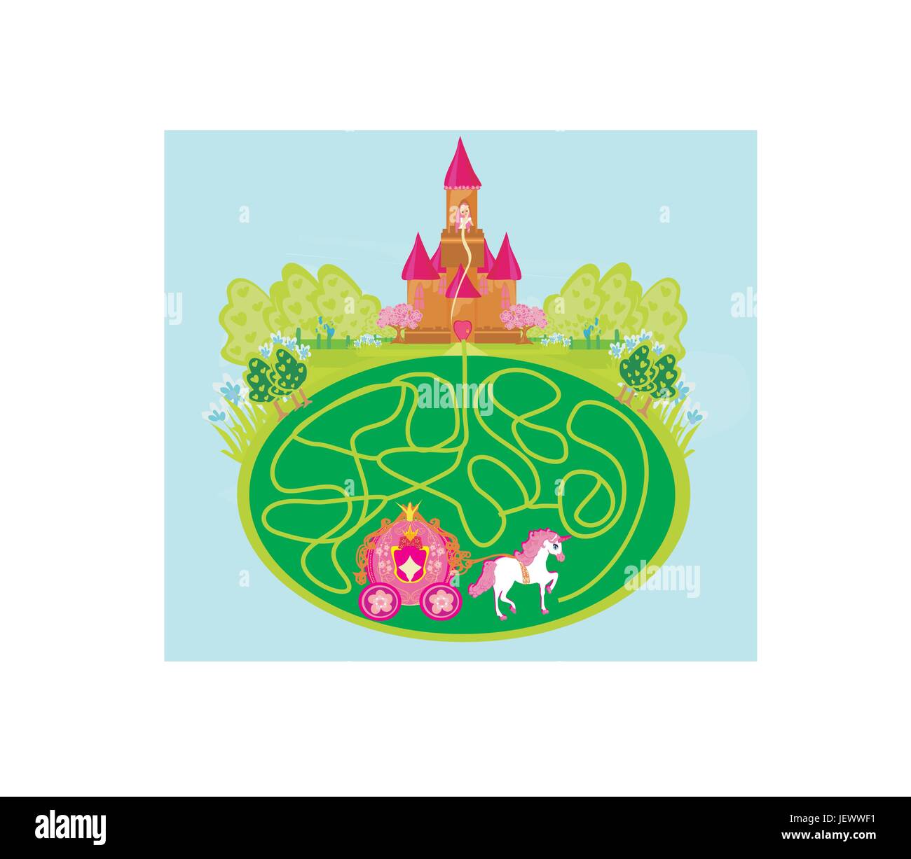 tower, art, fashion, female, horse, field, fantasy, carriage, illustration, Stock Vector