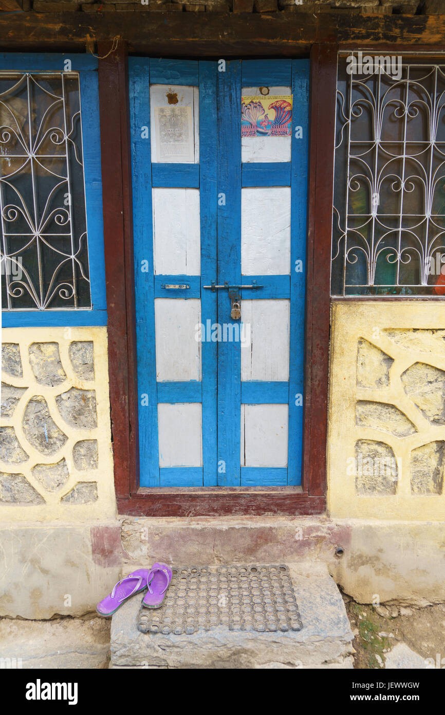 Doorway of a house in Ghermu, Annapurna region, Nepal. Stock Photo