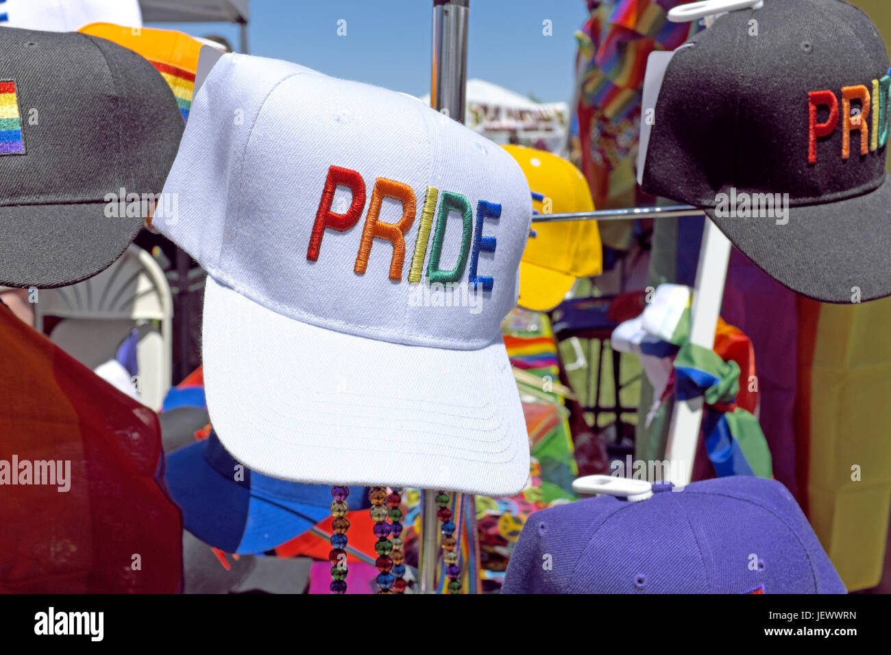 LGBT Pride merchandise on sale during the June 2017 LGBT Pride parade in Cleveland, Ohio, USA. Stock Photo