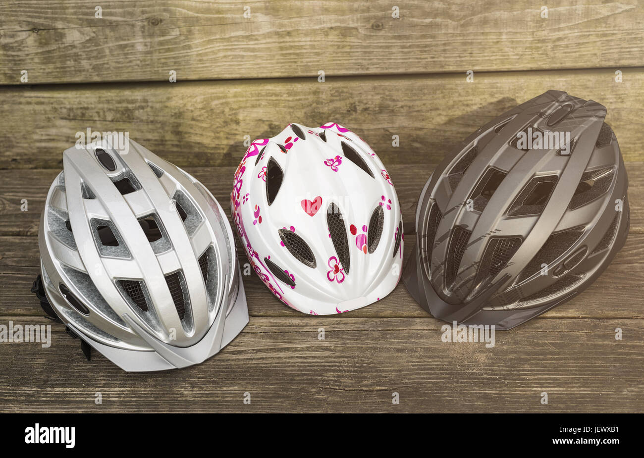 different bicycle helmets Stock Photo