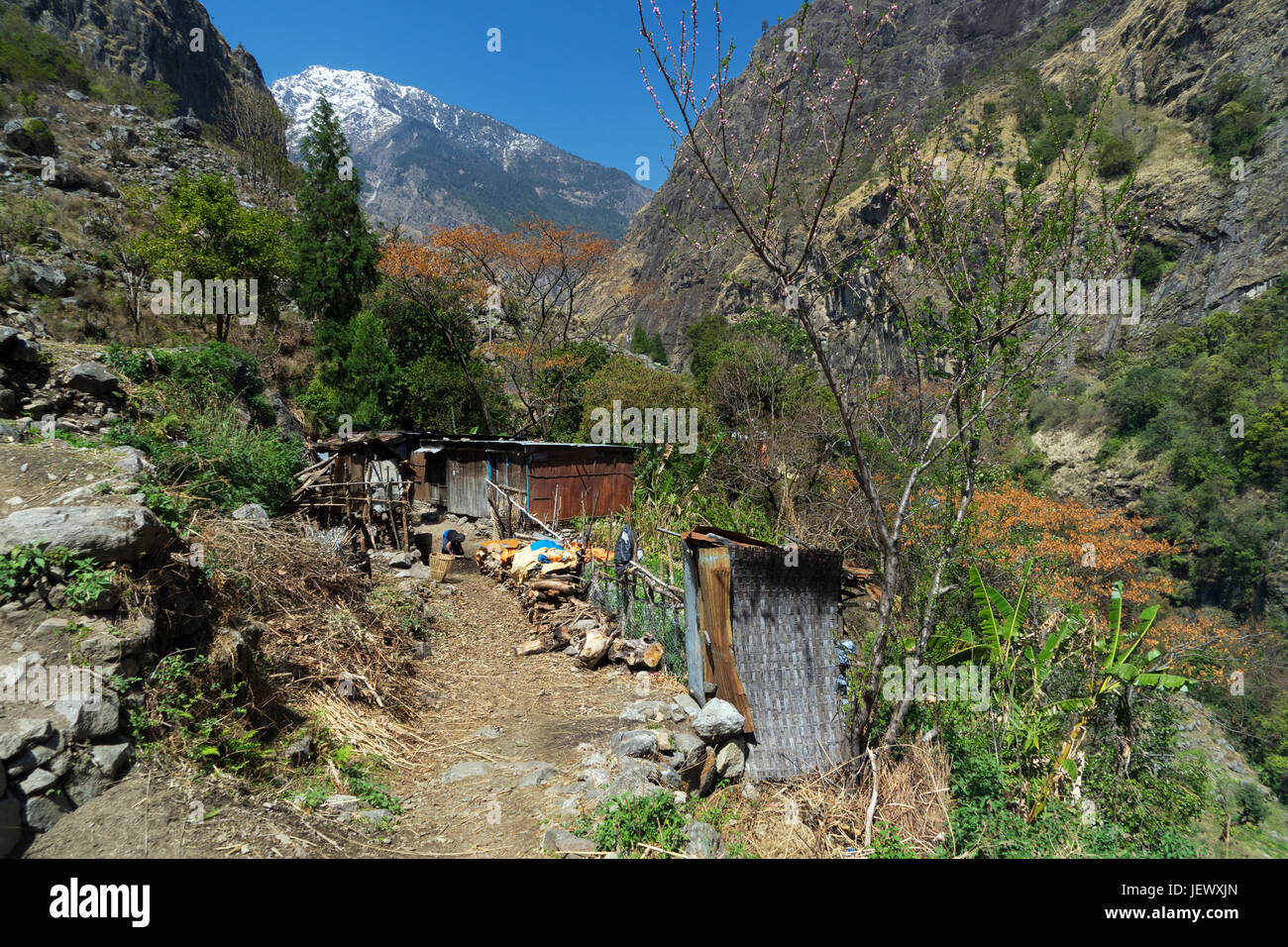 Dilapidated but still inhabitated dwelling situated on the trail, Annapurna Circuit, Nepal. Stock Photo