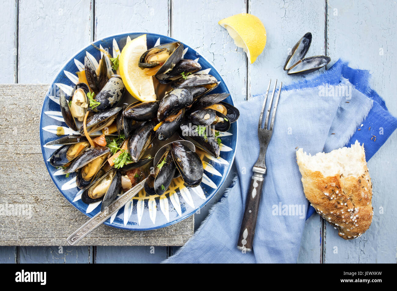Sailors Mussel with Baguette Stock Photo