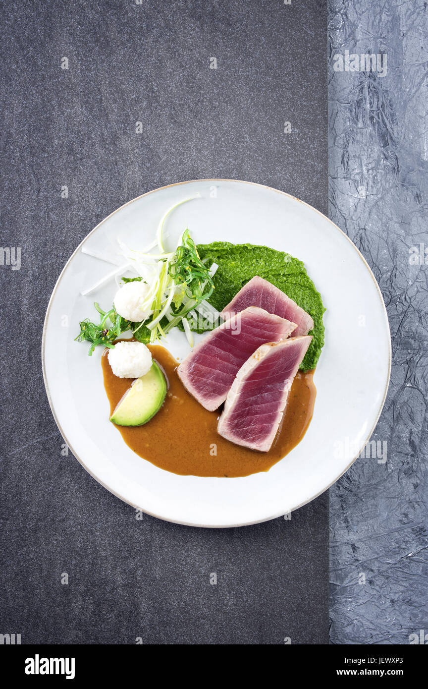 Tuna Tataki with Vegetable and Wasabi Cream Stock Photo Alamy