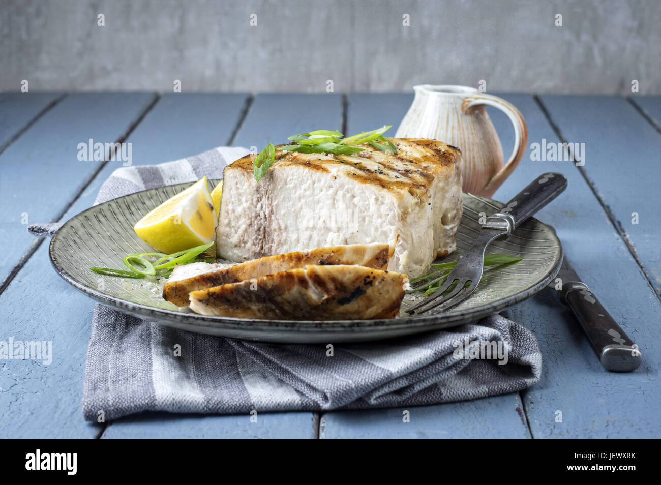 Barbecue Swordfish Steak on Plate Stock Photo