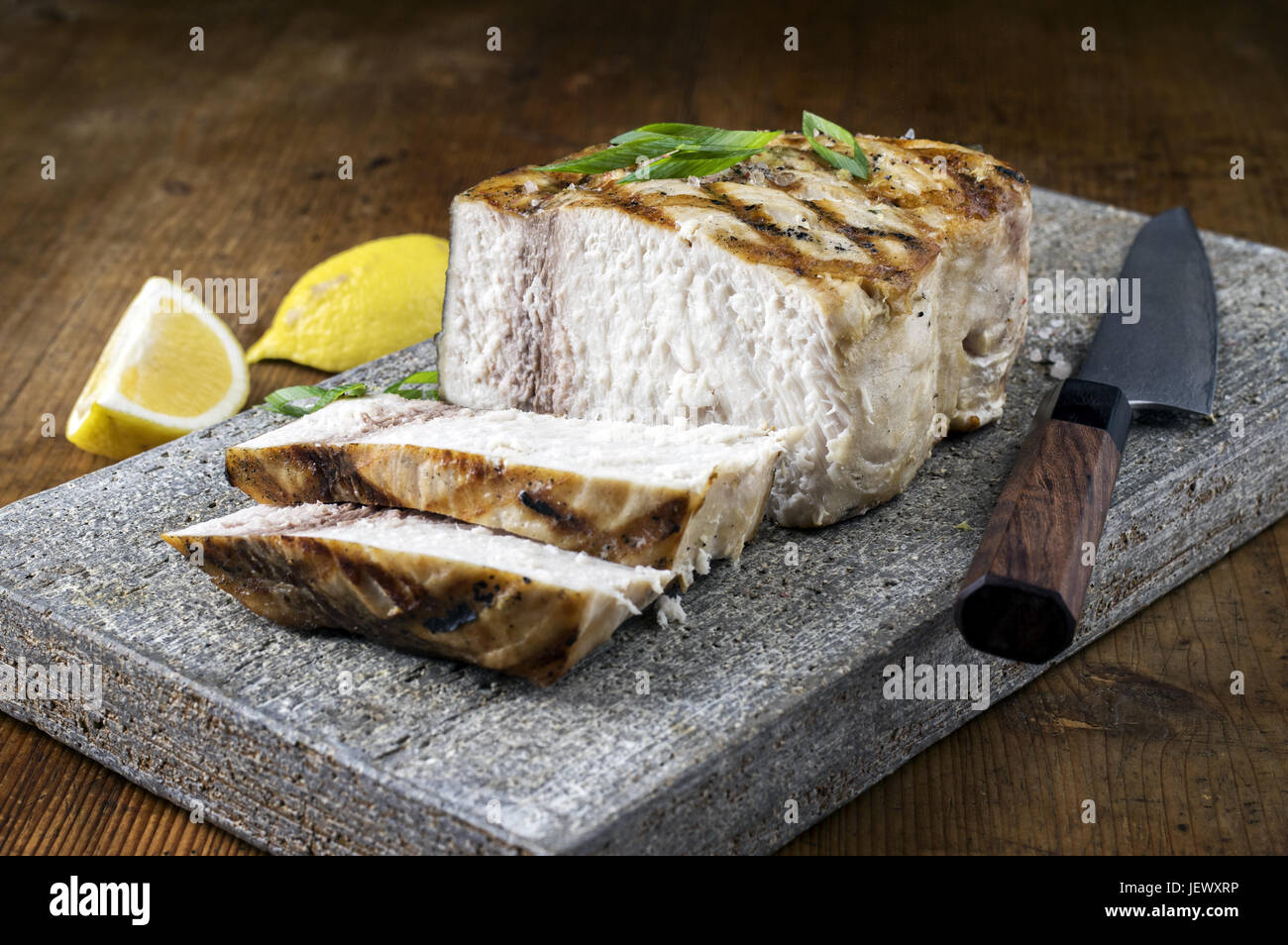 Barbecue Swordfish on Flagstone Stock Photo Alamy