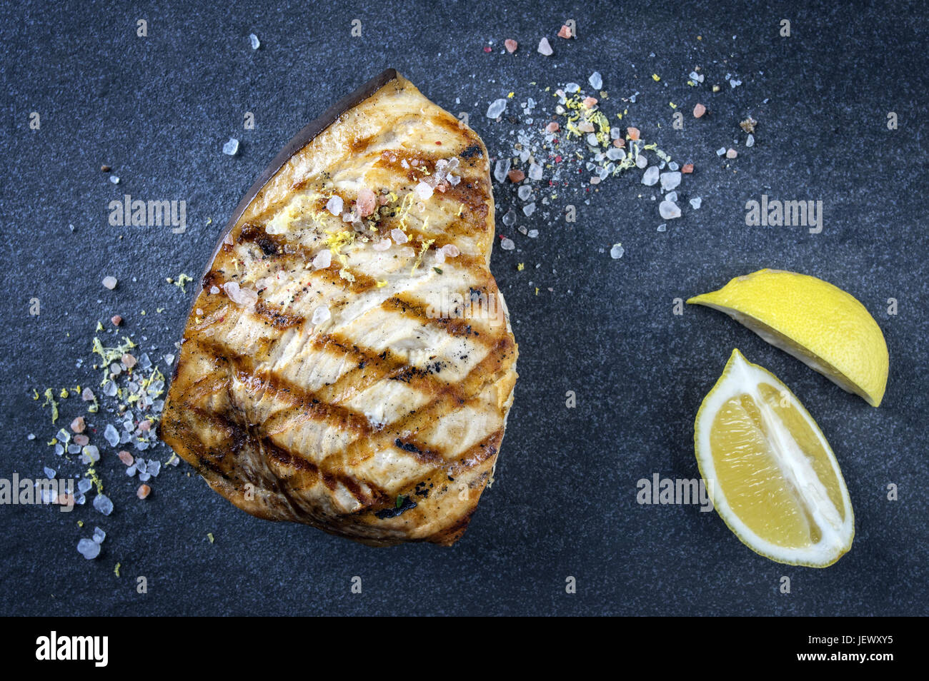 Barbecue Swordfish Steak on Stone Board Stock Photo Alamy