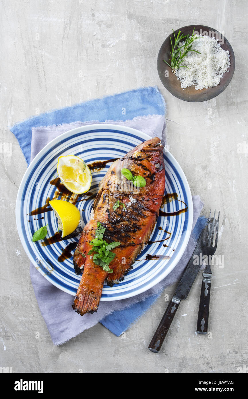 Barbecue Rose Fish on Plate Stock Photo