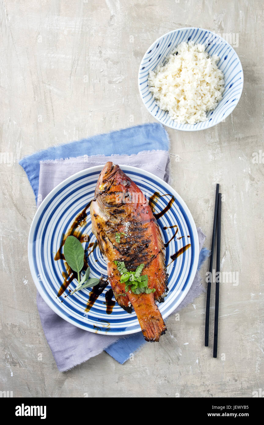 Barbecue Rose Fish with Rice Stock Photo