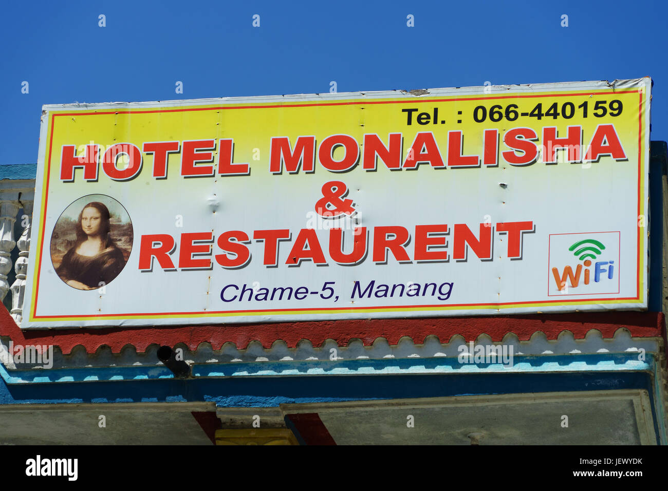 Advertisement for Monalisha hotel and restaurant in Chame, Annapurna region, Nepal. Stock Photo