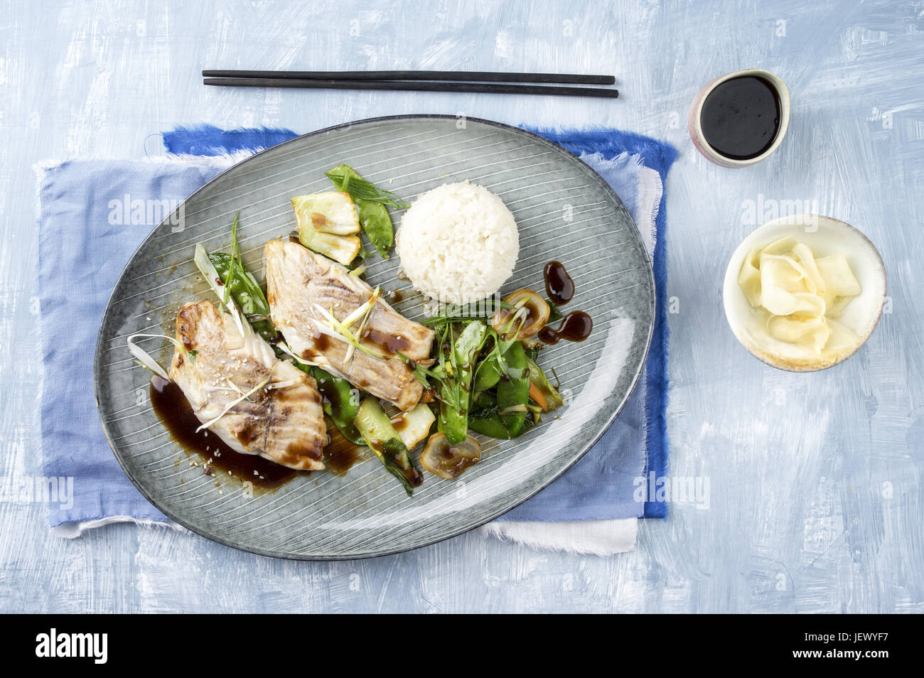 Coalfish Teriyaki with Rice and Vegetable Stock Photo