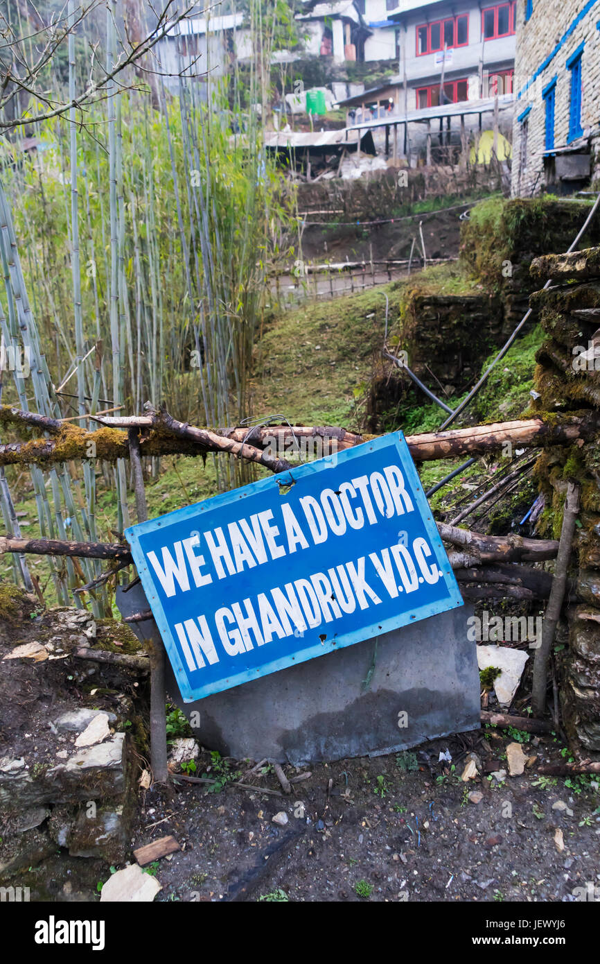Sign announcing there is a doctor in Ghandruk, Annapurna region, Nepal. Stock Photo