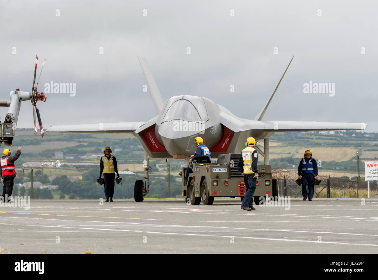 Official Media Assignment at RNAS Culdrose, Helston, Cornwall, UK. 27th June, 2017. Life-size replicas of the Royal Navy F-35B Lightning II jets, during aircraft movements at RNAS Culdrose Dummy Deck facility. These aircraft are used to replicate real F35B aircraft to provide training aids for Royal Navy Aircraft Handlers training to join HMS Queen Elizabeth Credit: Bob Sharples/Alamy Live News Stock Photo