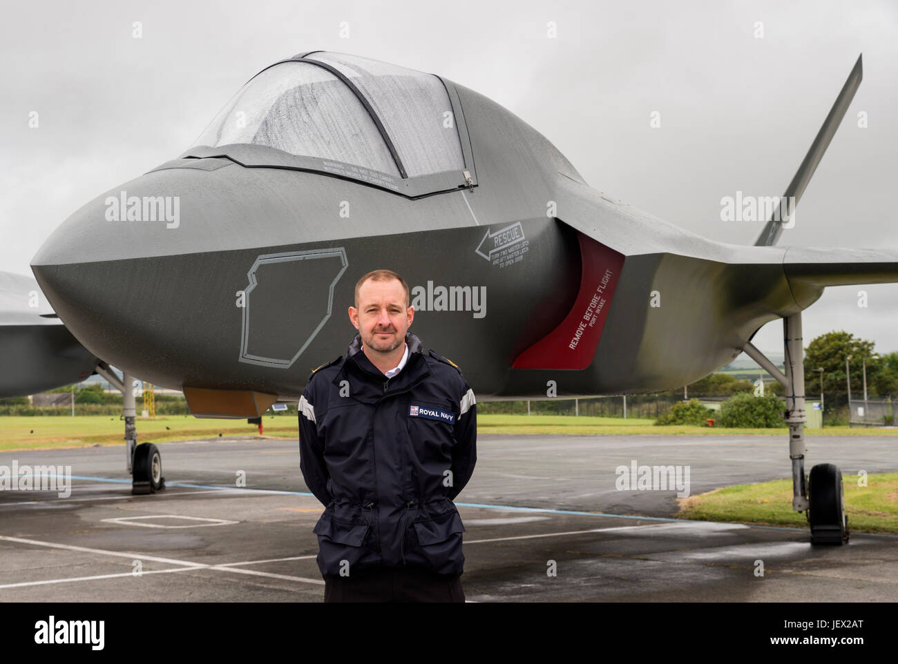 Official Media Assignment at RNAS Culdrose, Helston, Cornwall, UK. 27th June, 2017. CPO Paul Ranson pictured in front of one of the replica F35B jets These four new ‘faux-fighter jets' will take flight deck training to another level, as CPO Paul Ranson, Training Manager for all Embarked Training, explains: “We need to provide as realistic training as possible before the trainees go to sea. Stock Photo