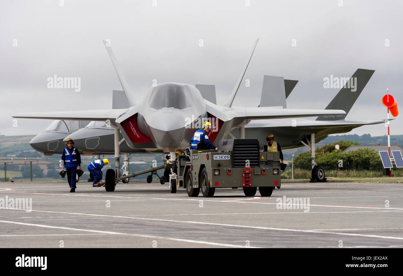 Official Media Assignment at  RNAS Culdrose, Helston, Cornwall, UK. 27th June, 2017. Life-size replicas of the Royal Navy F-35B Lightning II jets, during aircraft movements at RNAS Culdrose. All practice prior to joining HMS Queen Elizabeth Credit: Bob Sharples/Alamy Live News Stock Photo