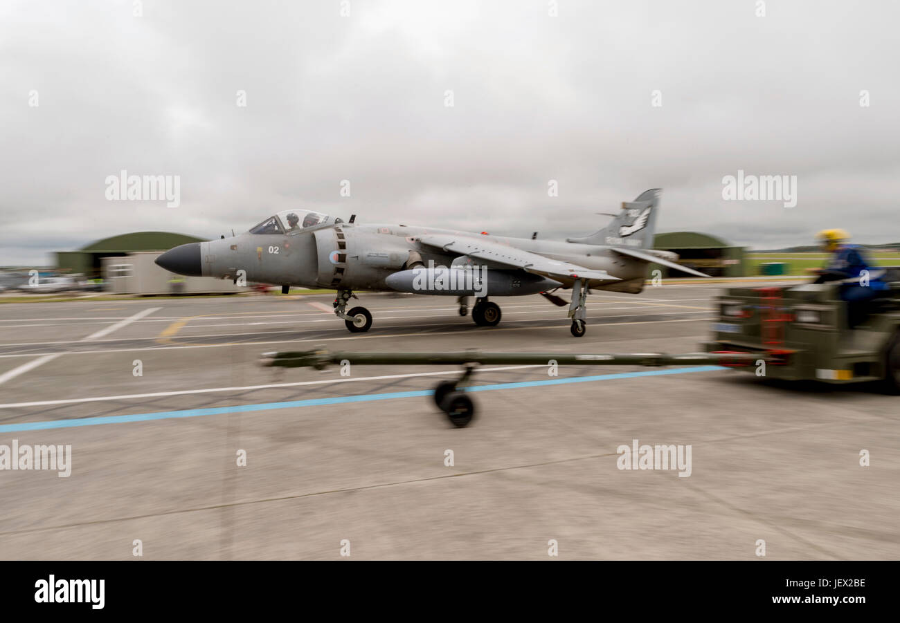 Official Media Assignment at RNAS Culdrose, Helston, Cornwall, UK. 27th June, 2017. A sea harrier moves along the Dummy Deck during a flight deck movements practice simulating live conditions that would be experienced on HMS Queen Elizabeth Credit: Bob Sharples/Alamy Live News Stock Photo