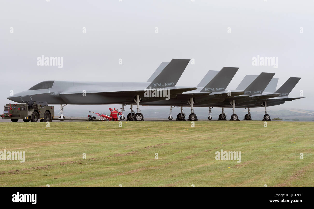 Official Media Assignment at RNAS Culdrose, Helston, Cornwall, UK. 27th June, 2017. Life-size replicas of the Royal Navy F-35B Lightning II jets, that will be used by RNAS Culdrose Dummy Deck facility, to simulate deck conditions and F35B movements on the new HMS Queen Elizabeth aircraft carrier Credit: Bob Sharples/Alamy Live News Stock Photo