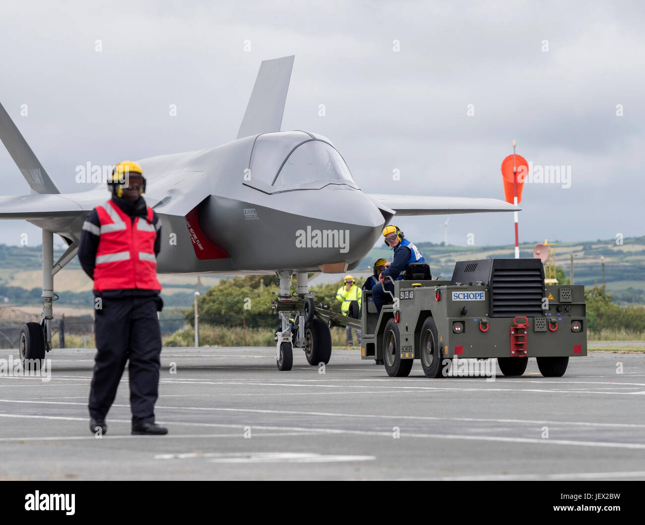 Official Media Assignment at RNAS Culdrose, Helston, Cornwall, UK. 27th June, 2017. Life-size replicas of the Royal Navy F-35B Lightning II jets, during aircraft movements at RNAS Culdrose Dummy Deck facility. These aircraft are used to replicate real F35B aircraft to provide training aids for Royal Navy Aircraft Handlers training to join HMS Queen Elizabeth Credit: Bob Sharples/Alamy Live News Stock Photo