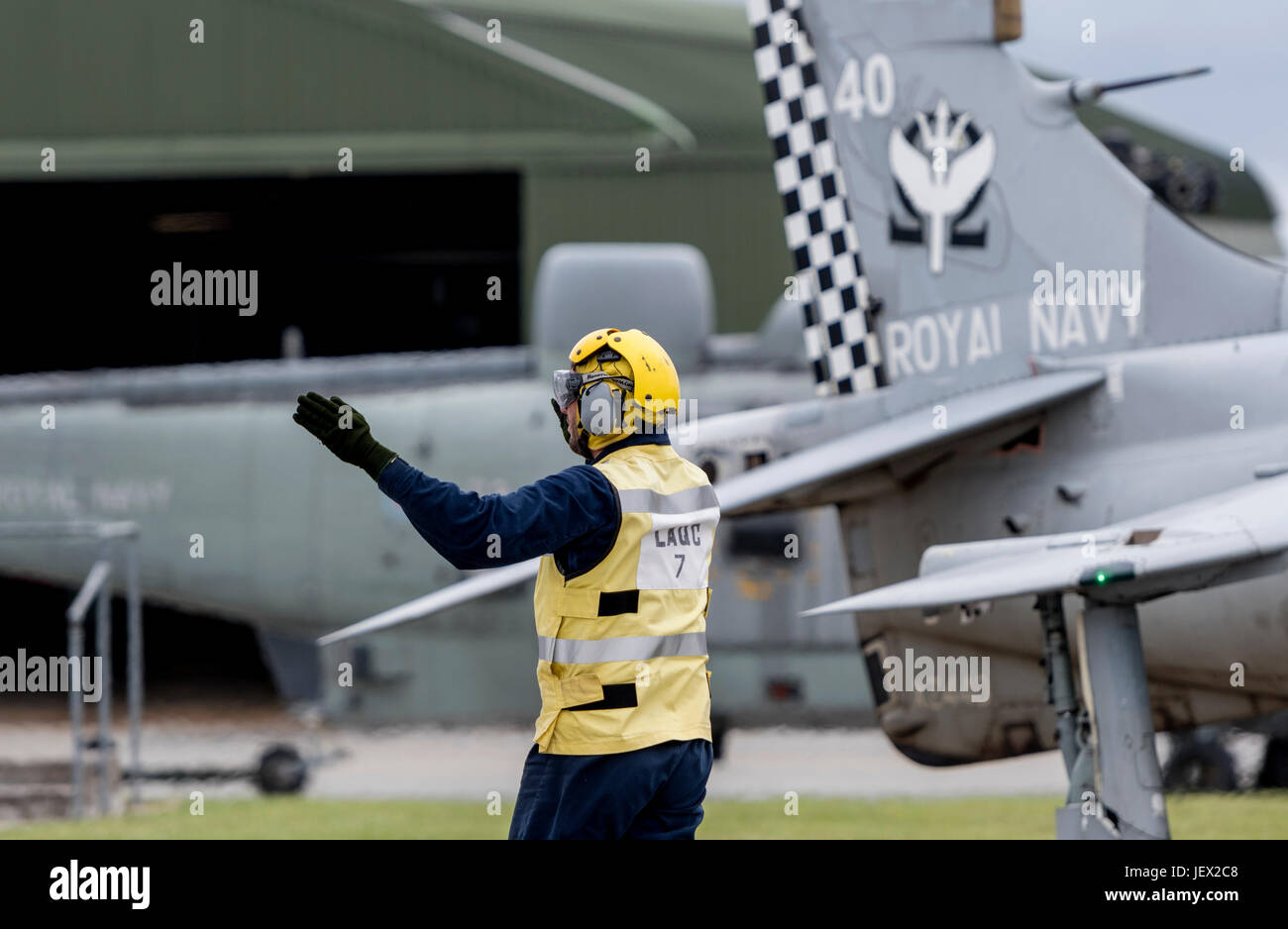 Official Media Assignment at RNAS Culdrose, Helston, Cornwall, UK. 27th June, 2017. Royal Navy Aircraft Handler on the Dummy Deck at RNAS Culdrose Credit: Bob Sharples/Alamy Live News Stock Photo