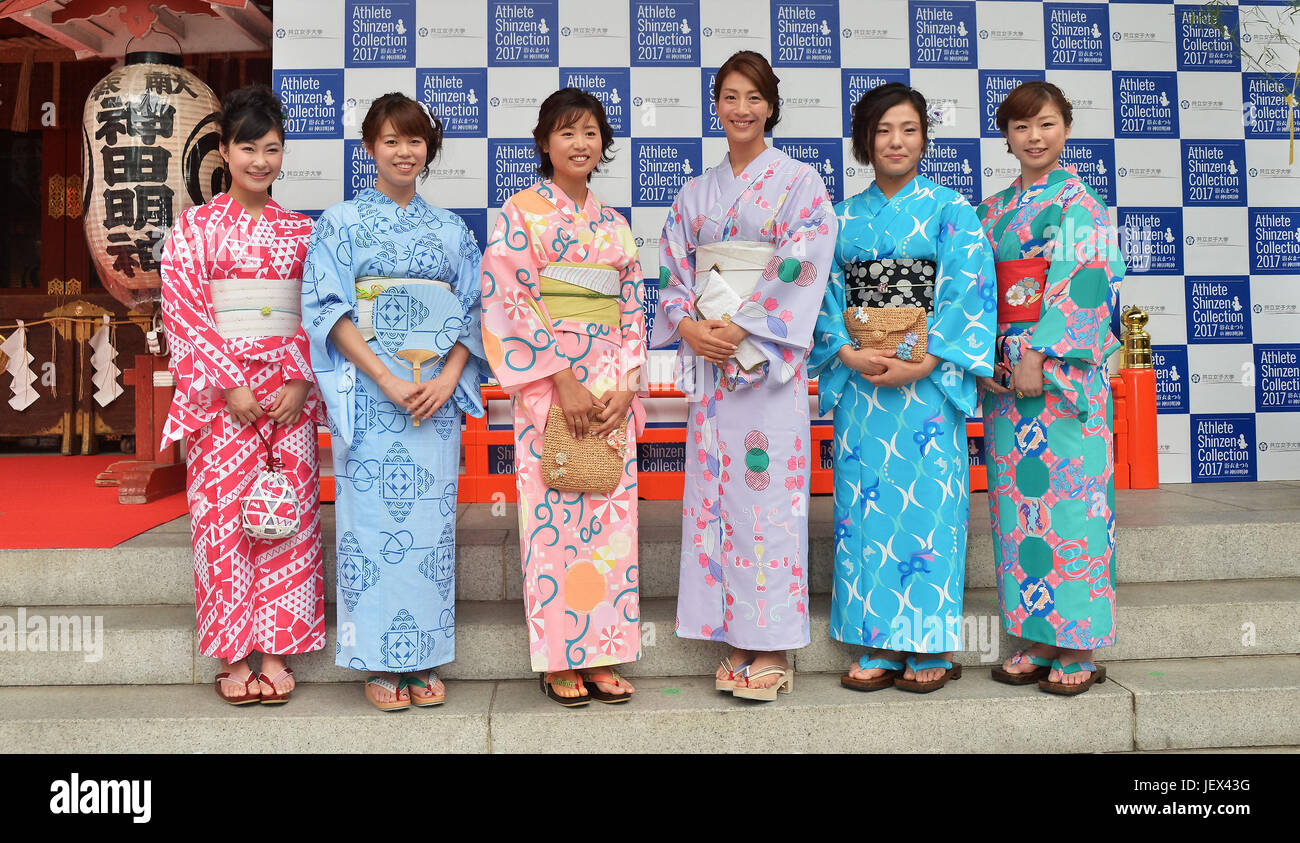 Kanako Murakami, Natsumi Hoshi, Yukako Hata, Aya Terakawa, Haruka Tachimoto, Ayumi Uekusa, June 27, 2017, Tokyo, Japan : (L-R) Figure skater Kanako Murakami, former butterfly swimmer Natsumi Hoshi, paratriathlon player Yukako Hata, former backstroke swimmer Aya Terakawa, Judo Player Haruka Tachimoto and Karate player Ayumi Uekusa attend the 'Athlete Shinzen Collection 2017' at Kanda Shrine in Tokyo, Japan on June 27, 2017. Credit: AFLO/Alamy Live News Stock Photo