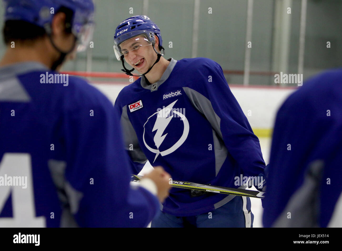 Tampa Bay Lightning center Jonathan Marchessault (42) before an NHL hockey  game against the New York Islanders Saturday, Nov. 28, 2015, in Tampa, Fla.  (AP Photo/Chris O'Meara Stock Photo - Alamy