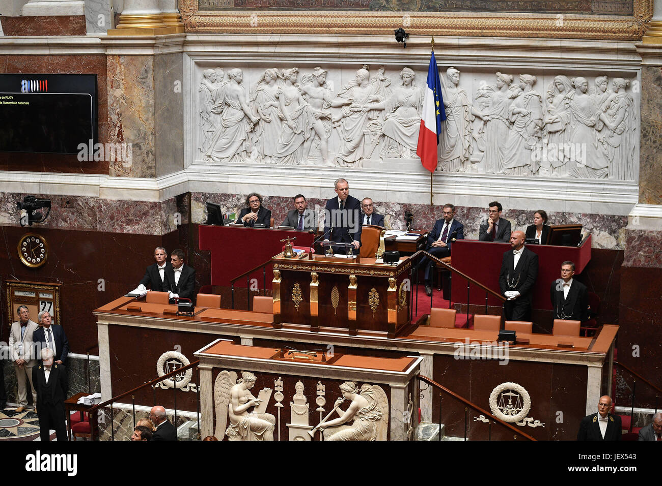 Paris, France. 27th June, 2017. Newly-elected speaker of the French National Assembly Francois de Rugy (C) of "La Republique en Marche" (Republic on the Move or LREM) political party delivers a speech during the opening session at the National Assembly in Paris, France, June 27, 2017. Credit: Jack Chan/Xinhua/Alamy Live News Stock Photo