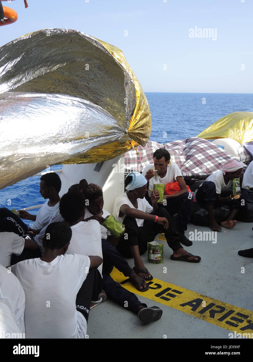 Migrants rescued from the Mediterranean on board the Aquarius, a boat ...