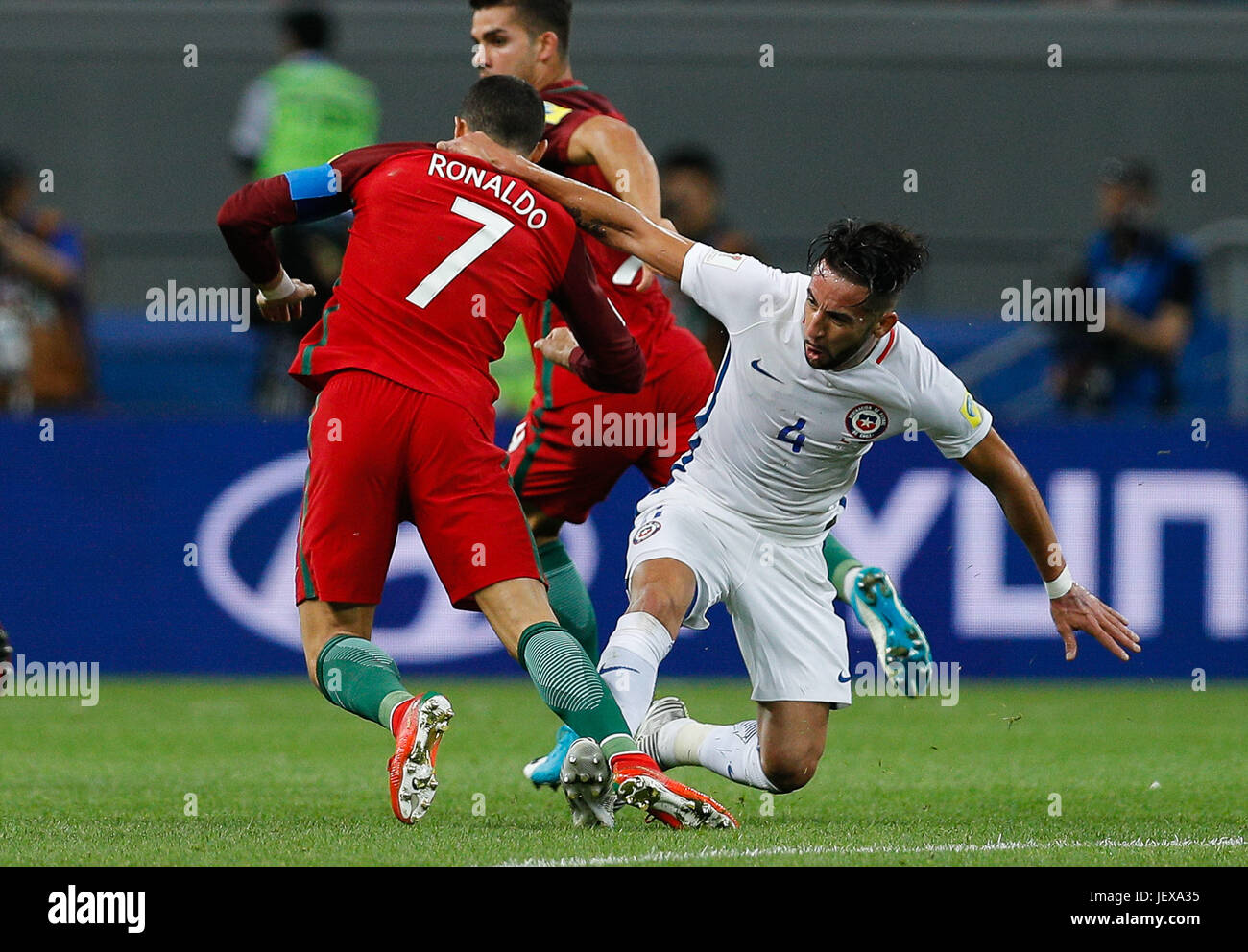 KAZAN, RT - 28.06.2017: PORTUGAL VS CHILE - ISLA Mauricio of Chile pulls CRISTIANO RONALDO from Portugal during a match between Portugal and Chile valid for the semi-finals of the Confederations Cup 2017 on Wednesday (28th), held at the Kazan Arena in Kazan, Russia. (Photo: Marcelo Machado de Melo/Fotoarena) Stock Photo