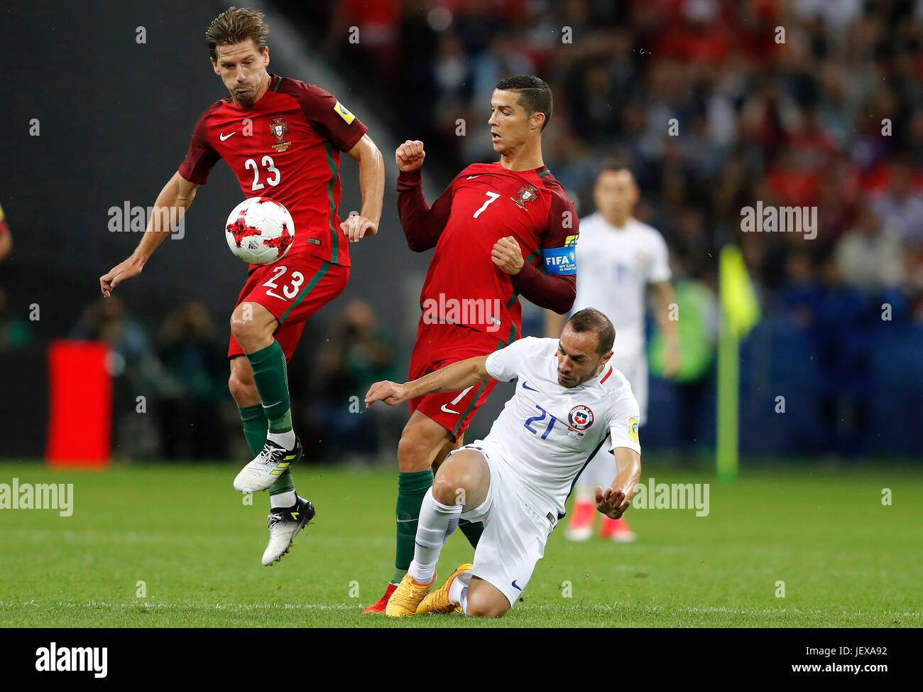 KAZAN, RT - 28.06.2017: PORTUGAL VS CHILE - CEDRIC and CRISTIANO RONALDO of Portugal play for Marcelo DIAZ of Chile during a match between Portugal and Chile valid for the semifinals of the Confederations Cup 2017 on Wednesday (28th) held at Kazan Arena Stadium in Kazan, Russia . (Photo: Rodolfo Buhrer/La Imagem/Fotoarena) Stock Photo