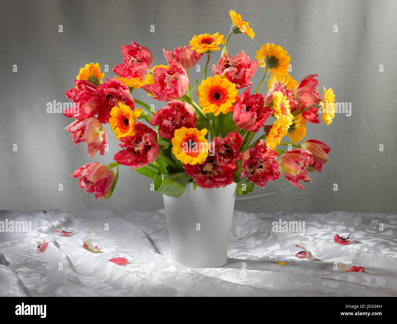 Bouquet of flowers with tulips and gerberas. Stock Photo