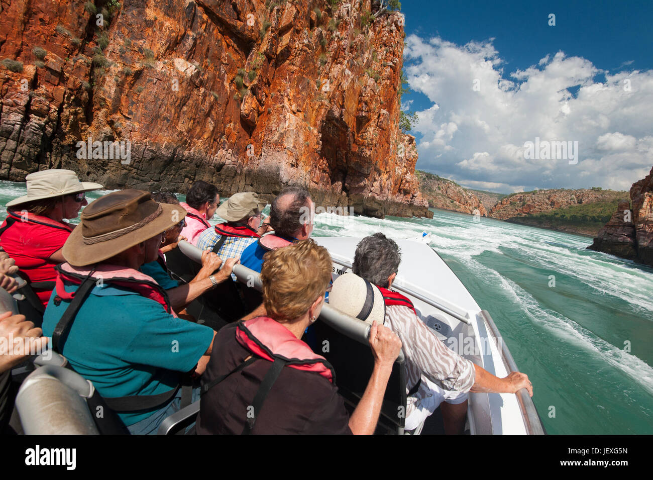 Tourists on a speedboat race across the Horizontal Waterfalls in Talbot Bay, Western Australia. Stock Photo