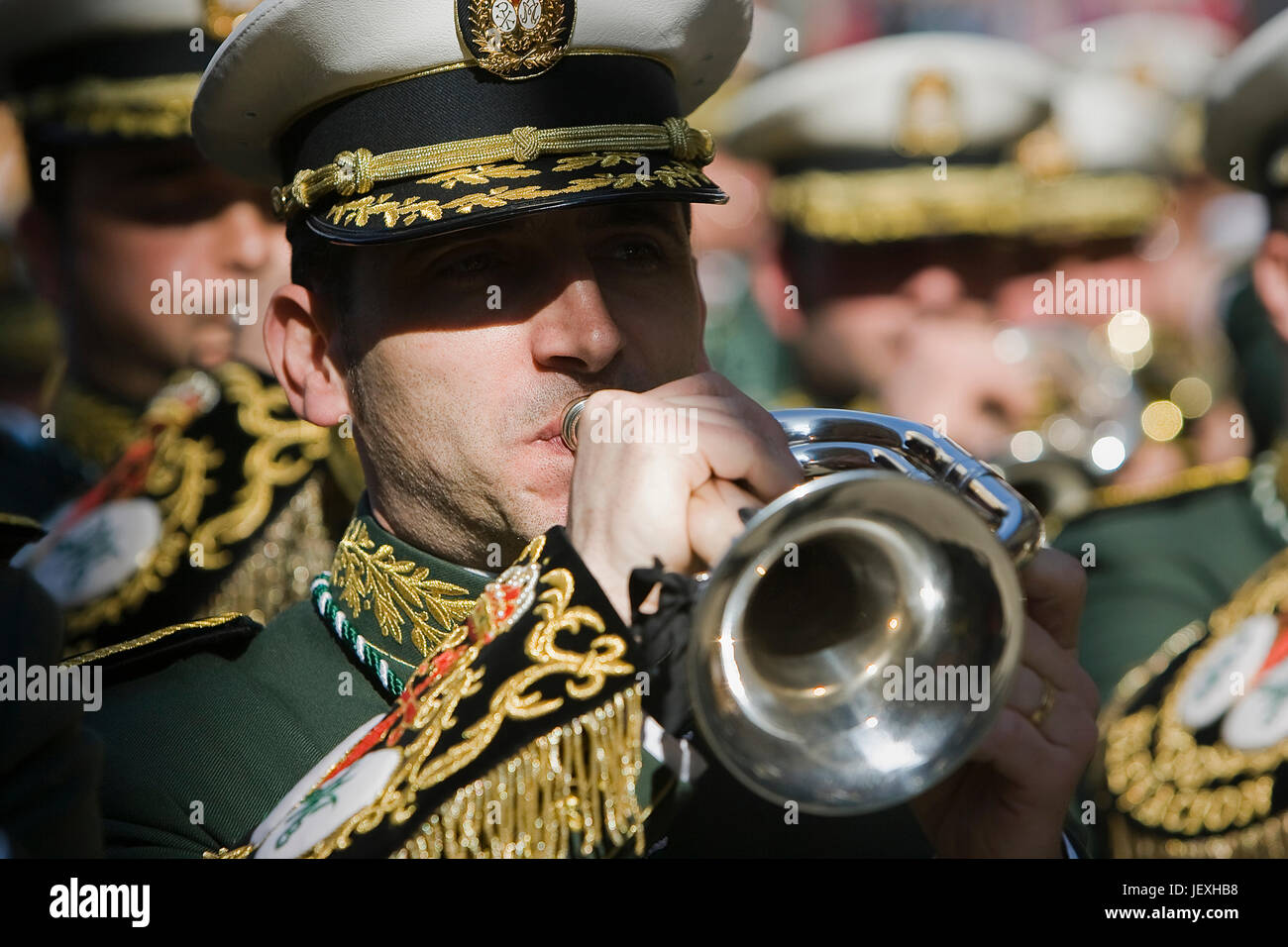 Brass band musicians, Palm Sunday, Linares, Jaen province,  Spain Stock Photo