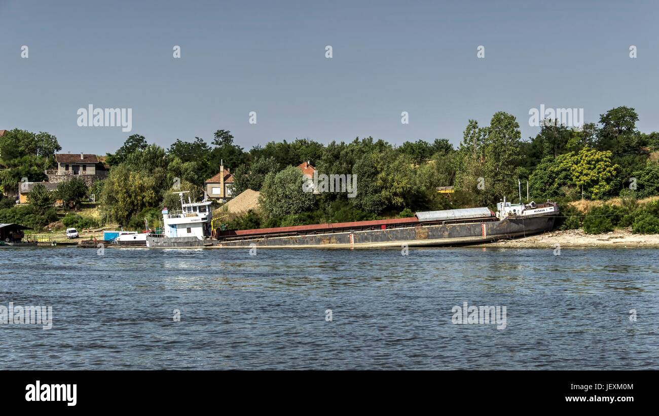 Kosava Danube, Serbia – KOSAVA barge stranded on the beach Stock Photo - Alamy