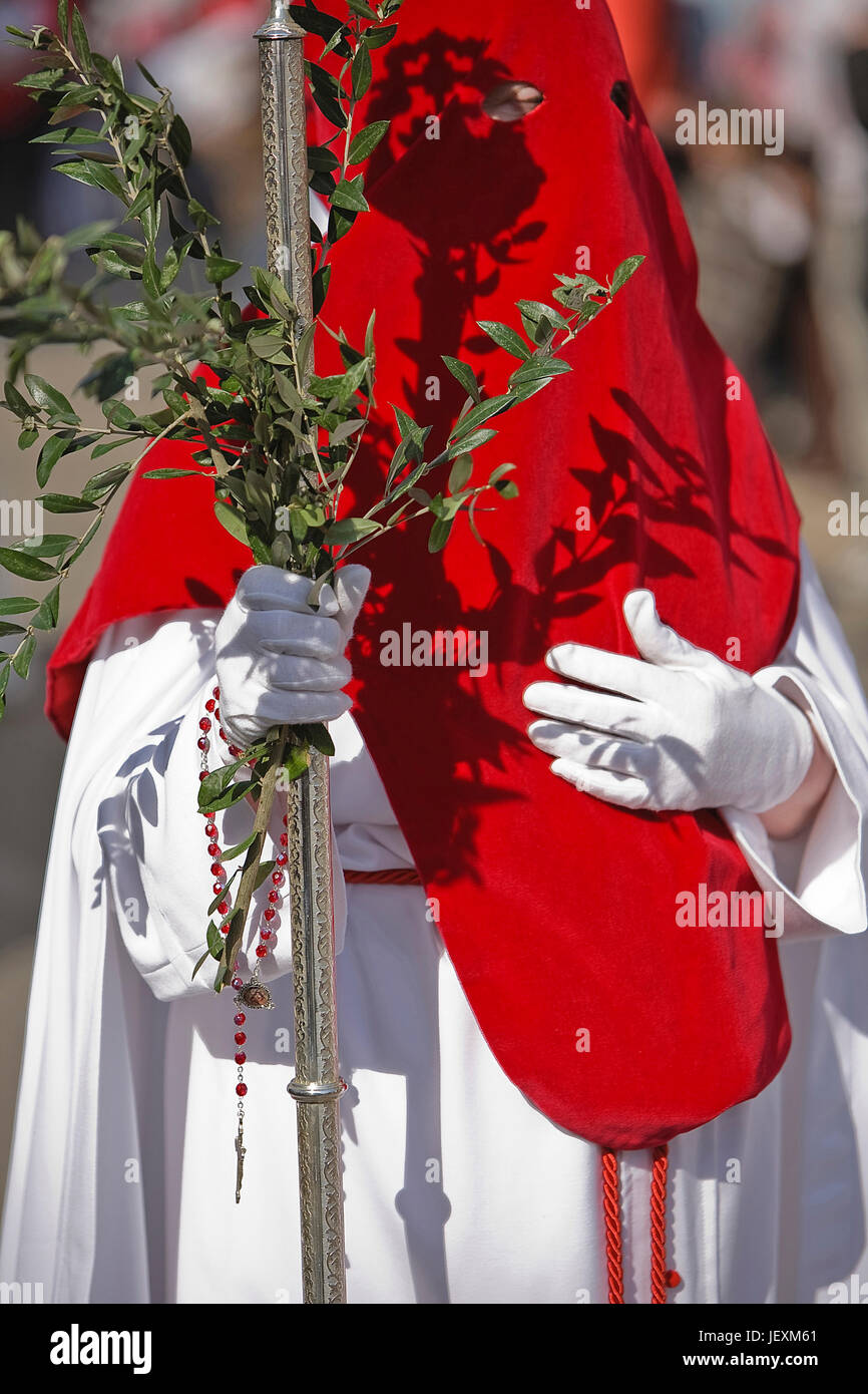 Penitent with a crosier carried olive branches during a procession of holy week on Palm Sunday, Spain Stock Photo