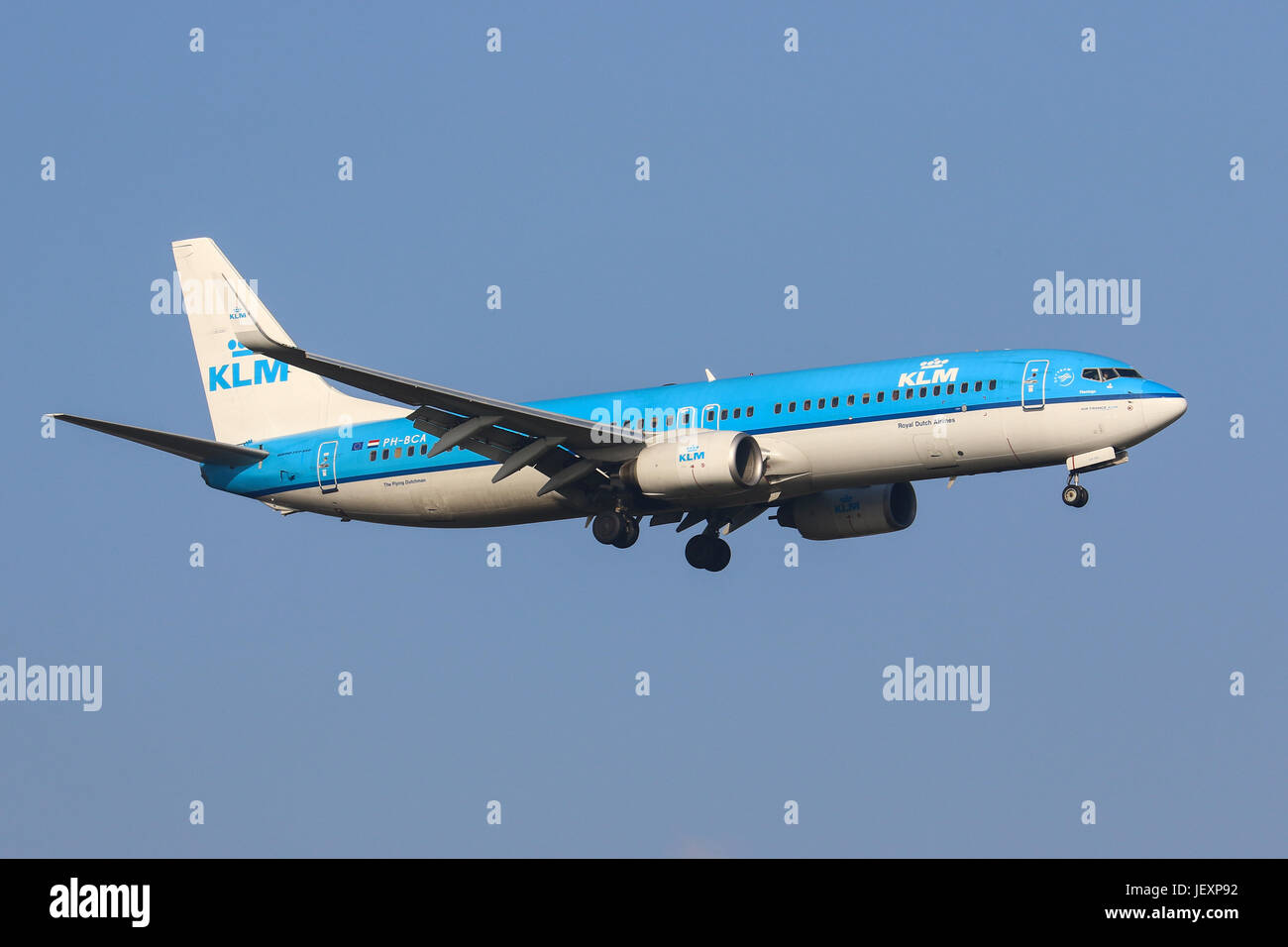A KLM Boeing 737 lands at London Heathrow Airport Stock Photo