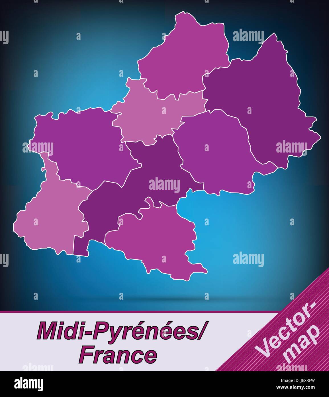 border map of midi-pyrnes with limits in violet Stock Vector