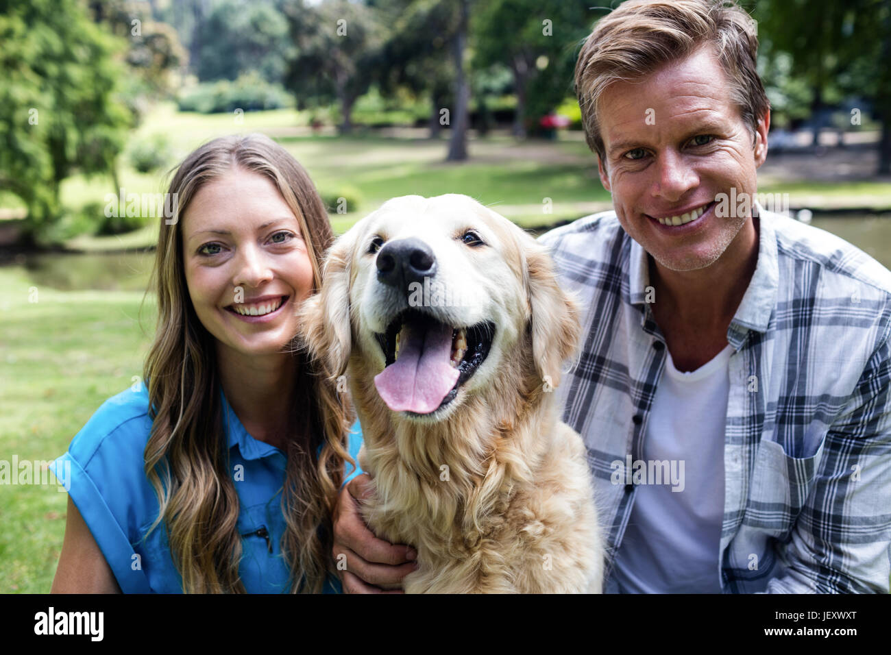 Couple sitting in the park with their dog Stock Photo - Alamy