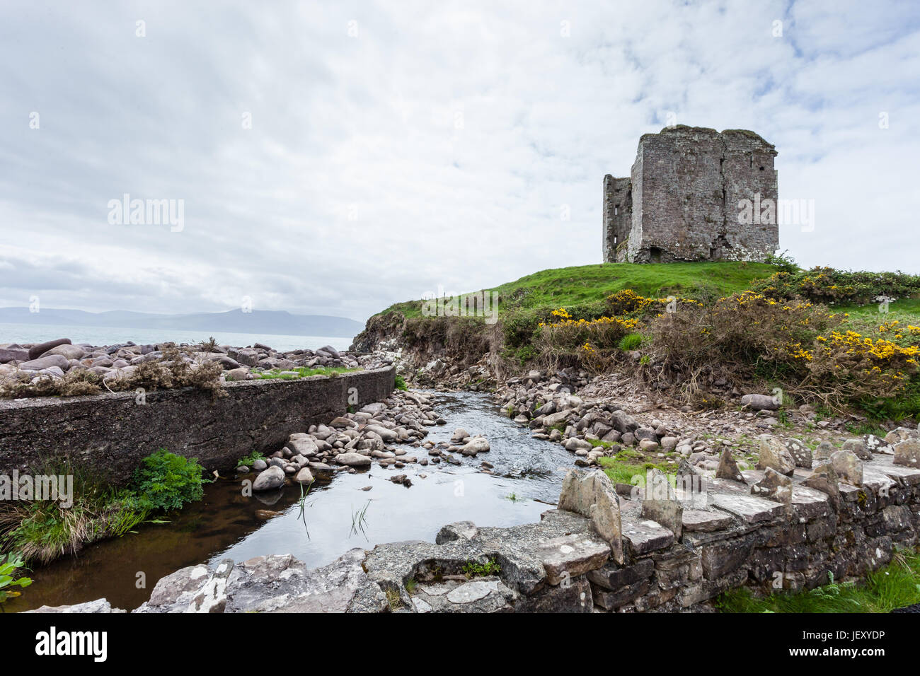 Minard Castle was built by the Knight of Kerry and destroyed by the forces of Oliver Cromwell. Walter Hussey had a garrison in the castle in 1641. Stock Photo