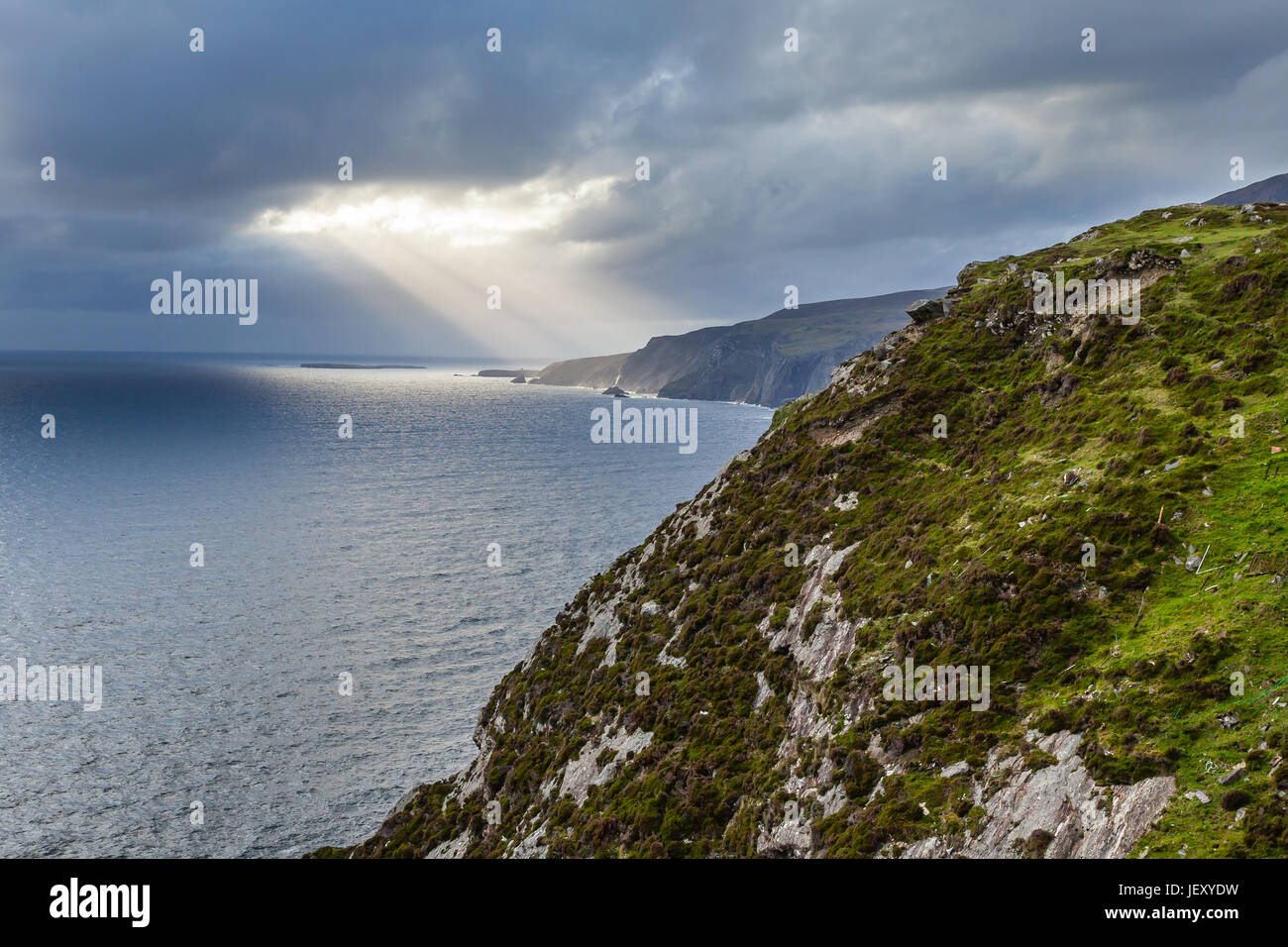 Slieve League, sometimes Slieve Leag or Slieve Liag (Irish: Sliabh Liag) is a mountain on the Atlantic coast of County Donegal, Ireland. At 601 meters Stock Photo