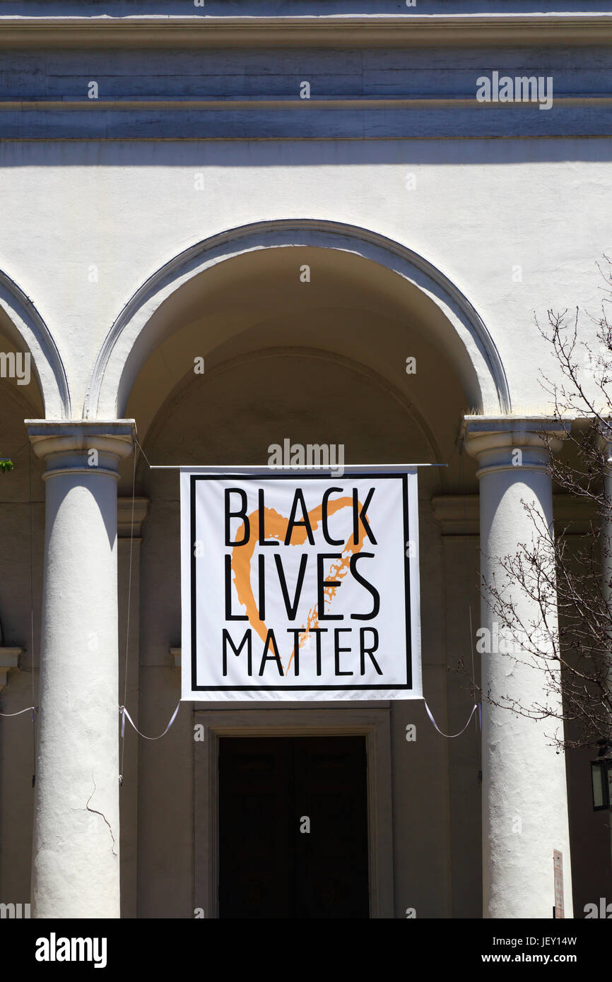 Black Lives Matter banner on entrance to First Unitarian Church, Baltimore, Maryland, USA Stock Photo