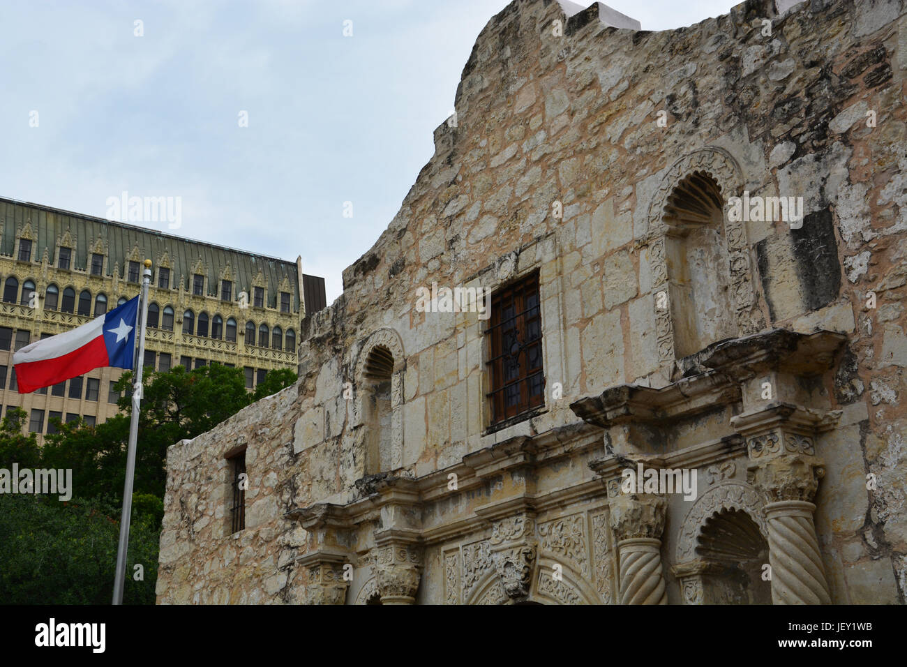 Looking up at the front entrance to the Alamo in San Antonio Texas. Stock Photo