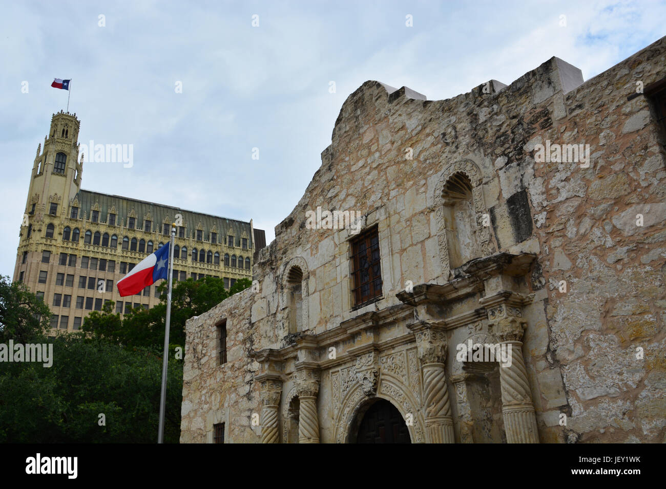 Looking up at the front entrance to the Alamo in San Antonio Texas. Stock Photo