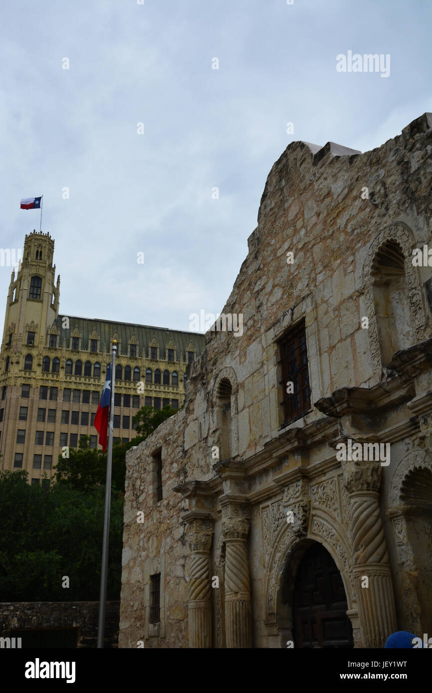 Looking up at the front entrance to the Alamo in San Antonio Texas. Stock Photo