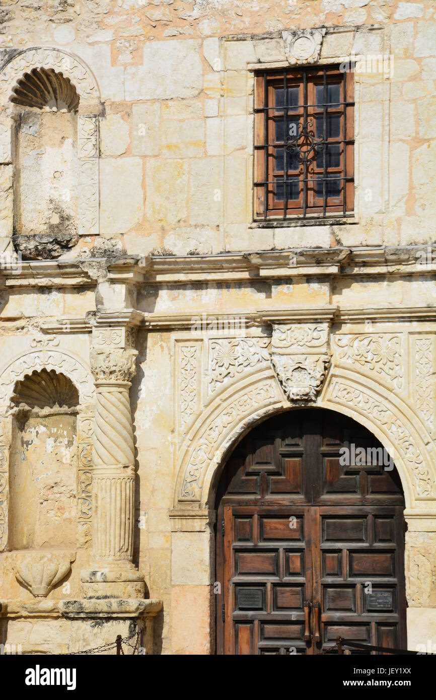 Close up details of the carved stonework at the Alamo in San Antonio Stock Photo